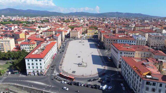 Piazza della Repubblica, Livorno port town, Italy, statues of Grand Dukes of Tuscany, Leopold II and Ferdinand III, important street intersection and leisure boat port aerial