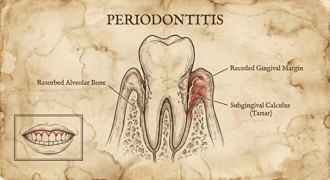 Periodontitis illustration, gum disease, dental health, medical diagram.