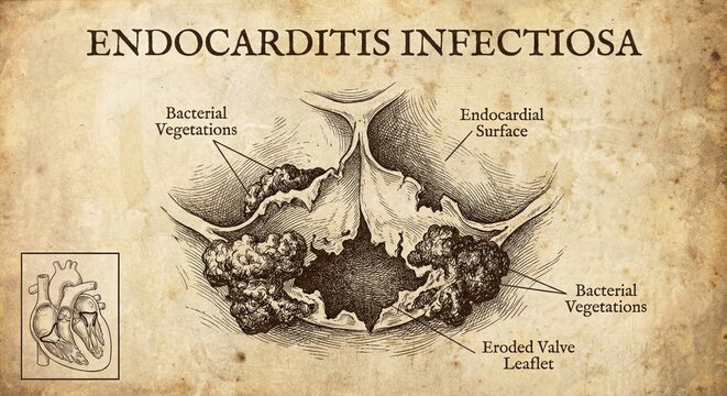 Detailed illustration showing endocarditis infectiosa, heart valve damage.