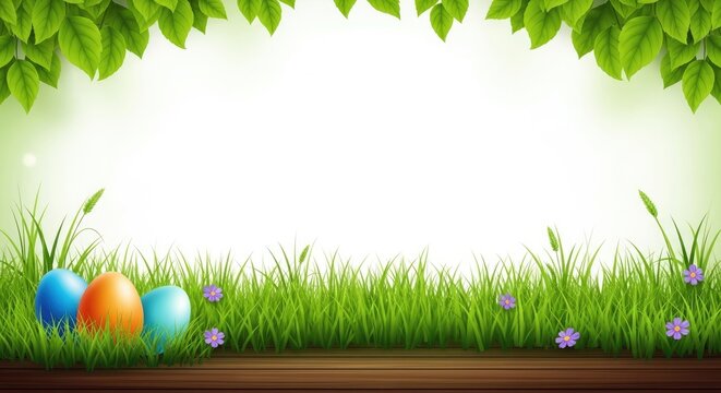 Easter eggs in a lush green grassy field with flowers and leaves on a sunny day