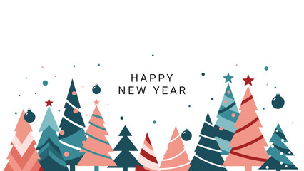 Obraz premium Happy New Year greeting card features a forest of stylish pastel Christmas trees and ornaments for a soft festive holiday season theme.