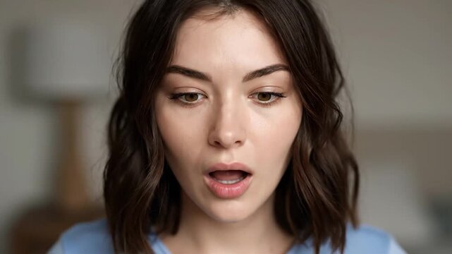 A close-up of a young woman's face with brown hair, light skin, and expressive eyes