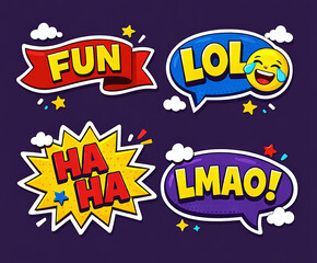 Vibrant Comic Book Style Sticker Pack Featuring Fun LOL HA HA and LMAO Typography, Bold Pop Art Reaction Bubbles for Chat and Social Media Marketing on Dark Purple Background.