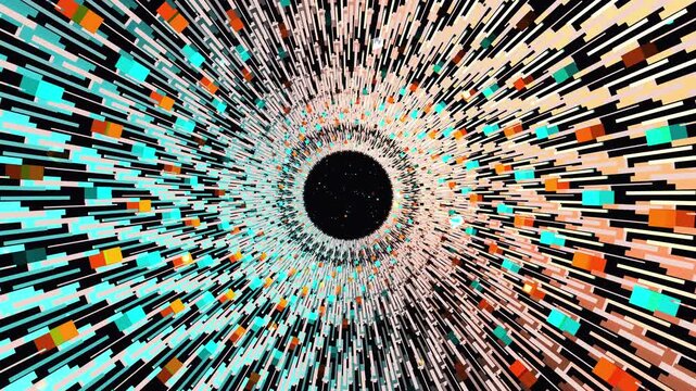 Massive procedural quantum computing tunnel of interlocking metallic rings and glowing data-nodes. Endless hypnotic descent featuring a zero-glitch procedural loop. Ideal sci-fi tech background.