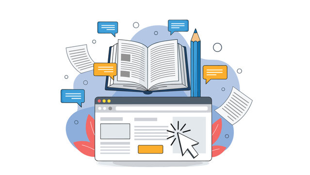 Educational concept featuring an open book and a website browser window surrounded by speech bubbles and a pencil.