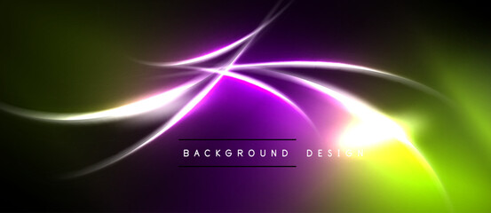 Obraz premium Abstract flowing lines, vibrant colors. Purple, green, yellow blend into dark background. Modern design element.