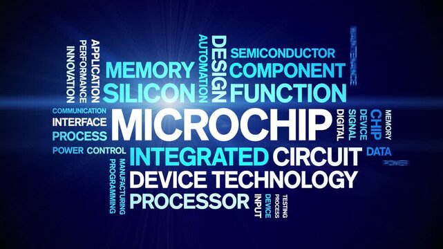 Microchip animated word cloud-text design animation tag kinetic typography seamless loop.