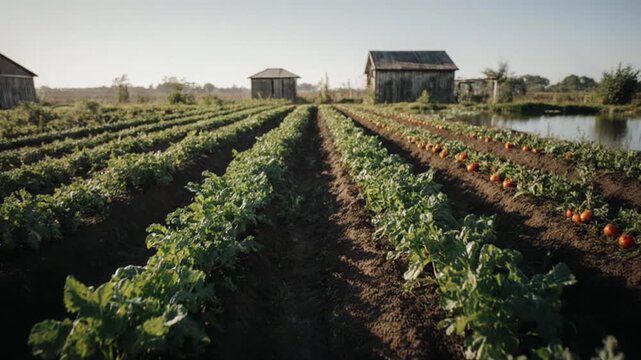 Vegetable farm with rows of plants.
