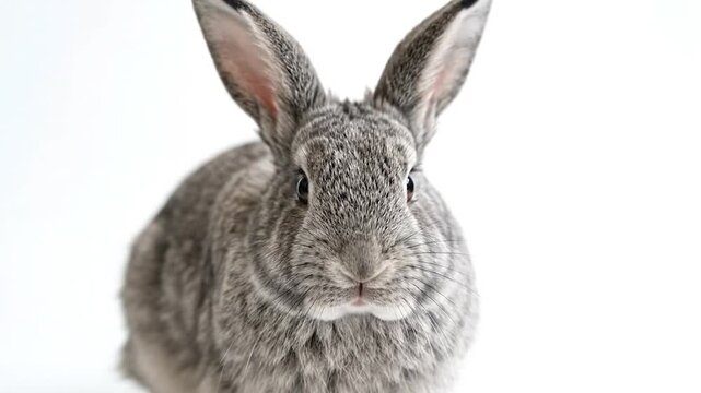 A close-up portrait of a gray rabbit against a bright white background, centered and focused