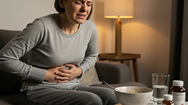 Young woman suffering from acute intestinal disease, enduring intense stomach cramps and severe abdominal discomfort, seeking relief while unwell at home