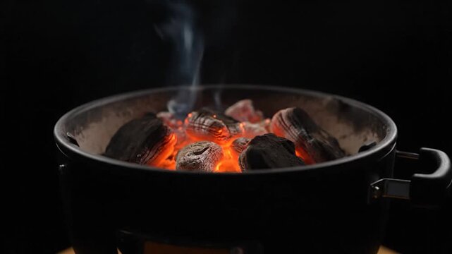 A close-up of smoldering charcoal briquettes inside a black grilling apparatus