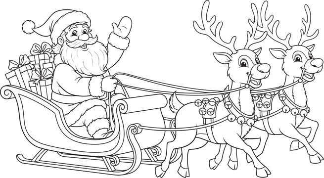 Santa claus riding in a sleigh pulled by reindeer on a winter night