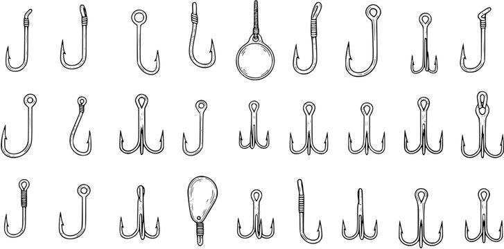 Vintage Engraving Style Set of Fishing Hooks. Hand Drawn Collection of Various Single, Double, Treble Fish Hooks and Jig Heads for Angling Equipment.