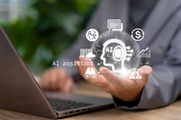 Fototapeta premium usinessman Holding AI Icon and Globe Symbolizing Artificial Intelligence, Machine Learning, Automation and Big Data Driving Digital Transformation, Financial Growth and Global Business Innovation