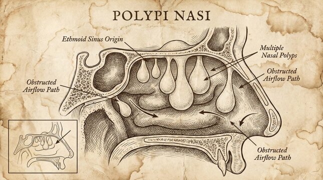 Nasal Polyps Diagram - Medical Illustration Explaining Sinus Condition.