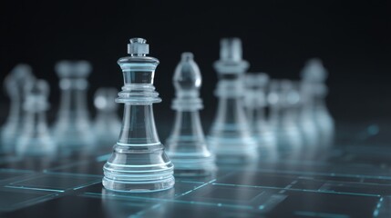 Transparent chess pieces on a digital board with glowing outlines and a modern technology background
