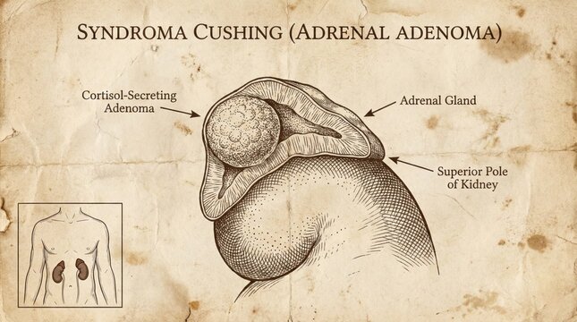 Vintage Medical Illustration Cushing Syndrome Adrenal Adenoma Diagram.