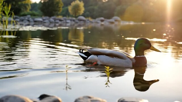 Mallard Duck Swimming on Peaceful Lake with Reflections and Sunset Sunshine, Nature Tranquility