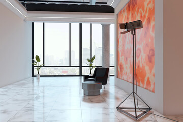 Naklejka premium Modern studio interior with large windows, seating area, bright marble floor, art wall and lighting equipment in contemporary building. 3D Rendering