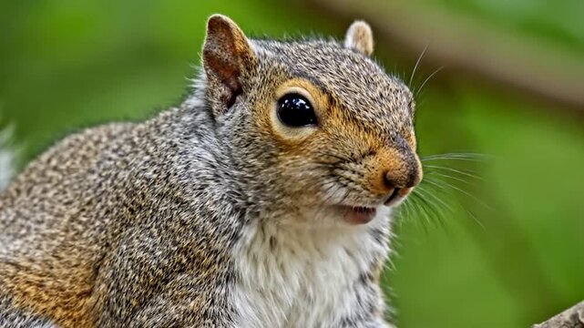 A close-up portrait of a gray squirrel with its mouth slightly open, green background