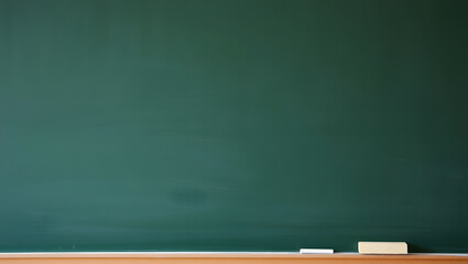 A clean, empty green chalkboard with chalk and an eraser resting at its base.