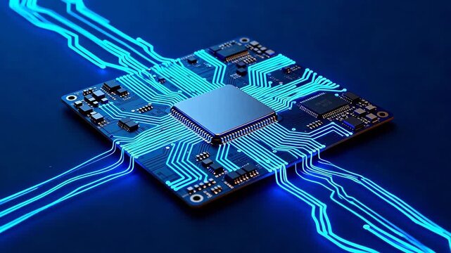 Circuit board with glowing blue lines