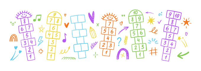 Playground hopscotch court, heart and music notes sketched with chalk or ctayon. Classic children's game with numbered steps. Color vector illustration. © Arina