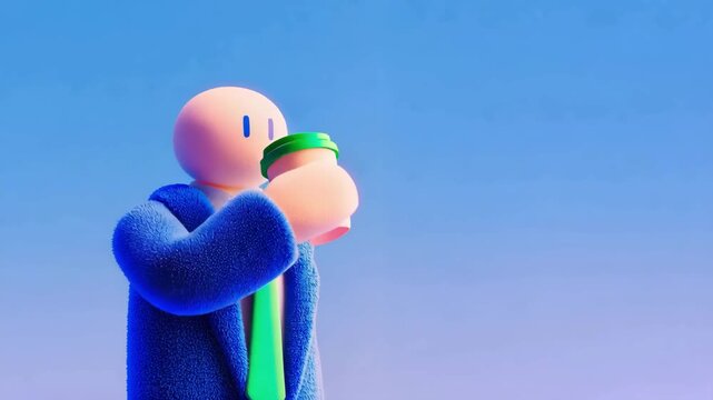 Businessman taking a break and drinking coffee animation 3D. Businessman Coffee Break Animation Office Worker Enjoying Hot Drink on blue background