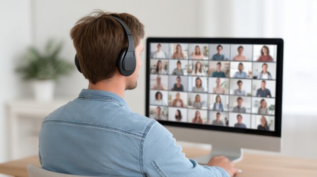 Young Professional Engaged in Video Call from Home with Headphones and Computer Screen Displaying Multiple Participants