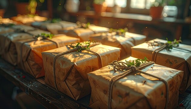 Rows of beautifully wrapped gifts tied with twine and greenery