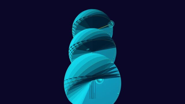 Procedural quantum bit array animation. Geometric spherical nodes split into superposition states along concentric orbital rings. Computed seamless loop for tech, science, and data computing workflows