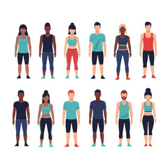 Obraz premium Diverse group of people standing together wearing athletic clothing, showcasing various fitness styles and outfits in a simple illustration.