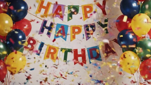 Colorful "Happy Birthday" banner with balloons and confetti celebration