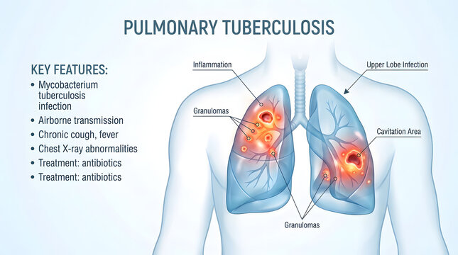 Detailed educational diagram explaining pulmonary tuberculosis infection in the human lungs.