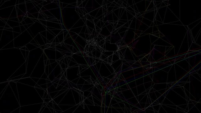 Procedural 4K seamless loop of a 3D Delaunay data network. Computed geometric mesh structures undergo localized chromatic glitch and offset, simulating tech system corruption. Ideal for cyber visuals.