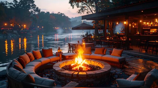 Cozy Riverside Coffee Shop with Fire Pit and Warm Evening Ambience.