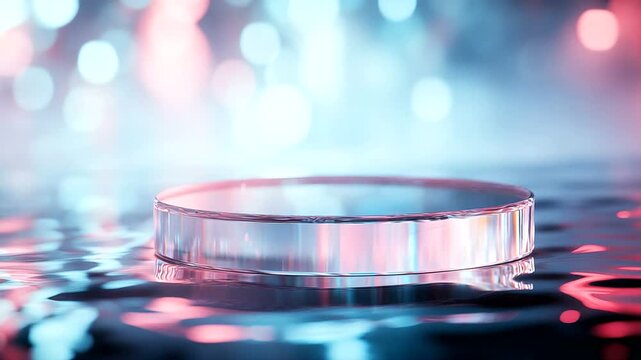 Circular glass object floating on water with colorful lights