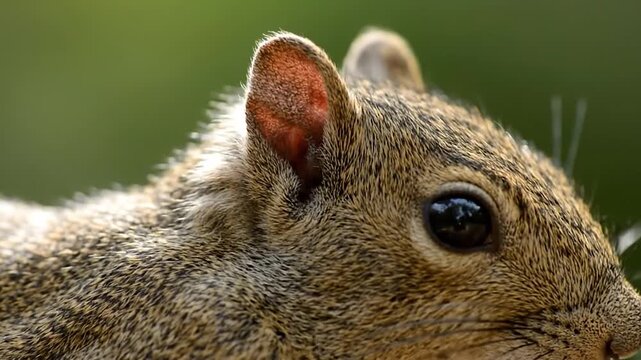 A close-up portrait shows part of a squirrel's face, ear and eye. Green background