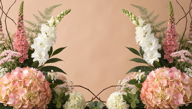 Floral border background with pink hydrangeas and white snapdragons