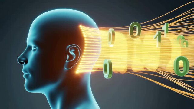 Human Head with Binary Code Emission in Futuristic Blue Hue with Neon Lighting for Technology