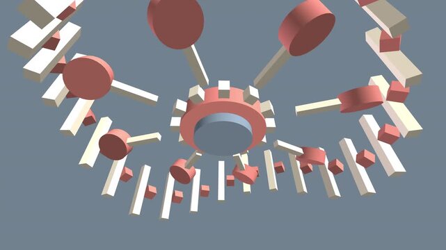 Seamless loop of a pristine abstract clockwork mechanism. Minimalist geometric gears and pendulums rotate in a synchronized radial array with matte plastic aesthetic and soft studio lighting. 4K UHD.