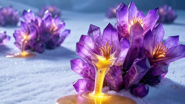 Enchanting Crystal Flowers Dripping Golden Nectar in a Winter Wonderland