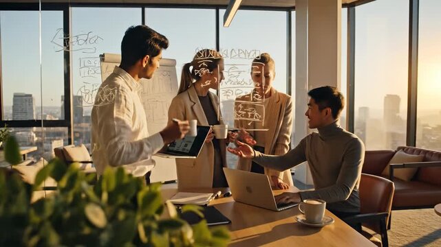 Team Brainstorming Session. Group Of Colleagues Engaged In Planning With Scenic Urban Skyline Behind. Professionals Working Together On Ideas At Glass Board Overlooking Sunset Cityscape Scenes