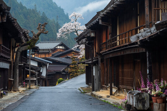 Post preserved Tsumago juku town of Nakasendo in spring, Nagano