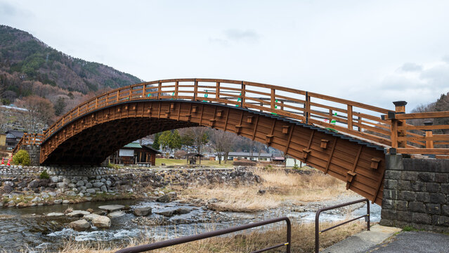 Kiso Ohashi wood bridge at Narai juku town, Nagano, Japan