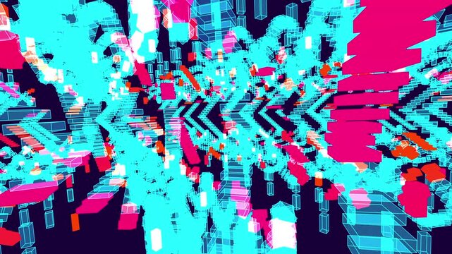 Procedural 3D animation of a translucent cyan labyrinth with slicing planes revealing glowing pink cross-sections. Seamless loop of rotating geometric arches and floating stairs in 4K UHD.