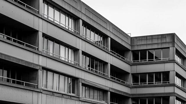Gray building facade with rows of windows and protruding balconies, a grayscale study