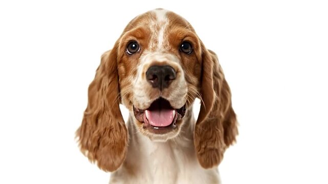 A close-up studio shot of a dog looking at the viewer. White background. Open mouth, floppy ears