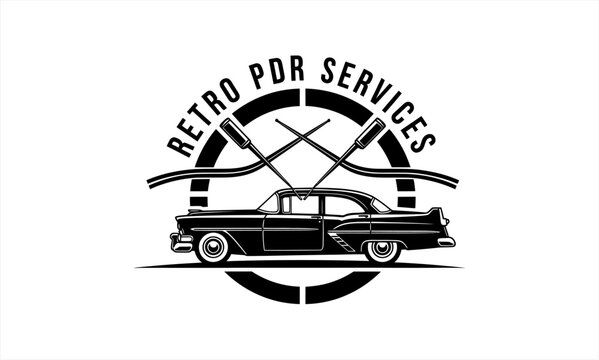 Retro PDR Services Logo with Classic Car and Tools.