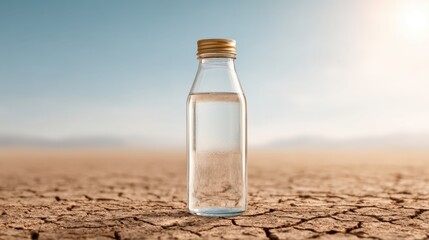 Obraz premium Bright Glass Bottle of Water on Barren Dry Soil Against a Clear Sky in the Sun